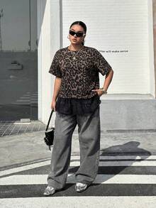 Muchica 大码女式豹纹蕾丝拼接休闲百搭日常短袖T恤 - 彩色 - 查看 5