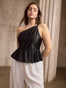 Flouryn Spaghetti Strap Glossy Solid Color Umbrella Hem Camisole Top Paired With Textured Solid Color Wide Leg Pants, Fashionable Commuter Outfit For Holiday - Multicolor - View 5