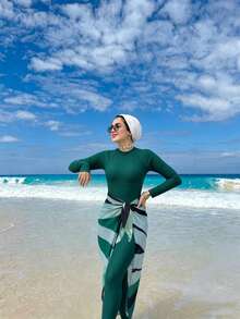 Swim Shayni Conjunto de burkini de una pieza de manga larga para mujer, para la playa - Verde - Ver 3