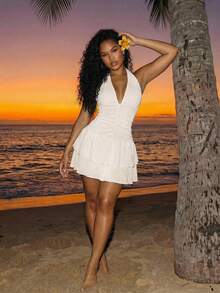 Zestiva Women's Spring/Summer Beachwear Jacquard Mesh Sleeveless Halter Waist Ruffle Hem Vacation Dress & Cover-Up Women's Summer Outfits - Apricot - View 1