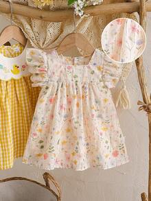 SHEIN Vintaside Kids 女嬰多色夏季花卉印花荷葉袖迷你洋裝，田園風清新圖案輕盈休閒派對版型，適合戶外穿著 - 杏色 - 查看 3