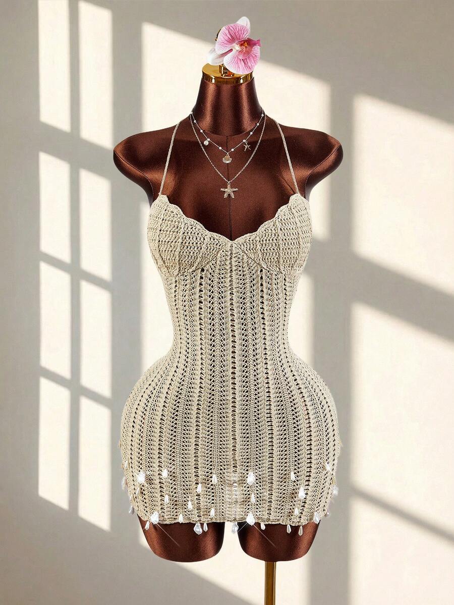 Amplova Vestido mini con escote con forma de concha, espalda cruzada y sin espalda, sexy y vanguardista, adecuado para atuendo de vacaciones - Marrón - Ver 1