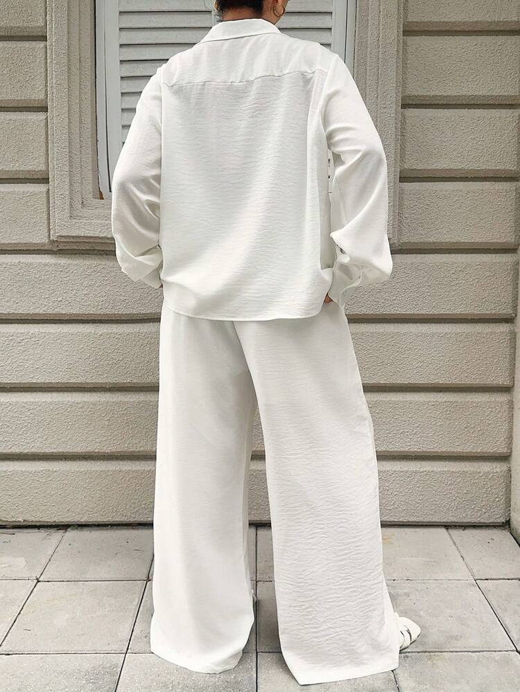 Dazy Plus 2pcs/Set Casual Loose Long Sleeve Shirt Top And Wide Leg Pants, Commuting Outfit For Plus Size Women, Spring/Summer, White