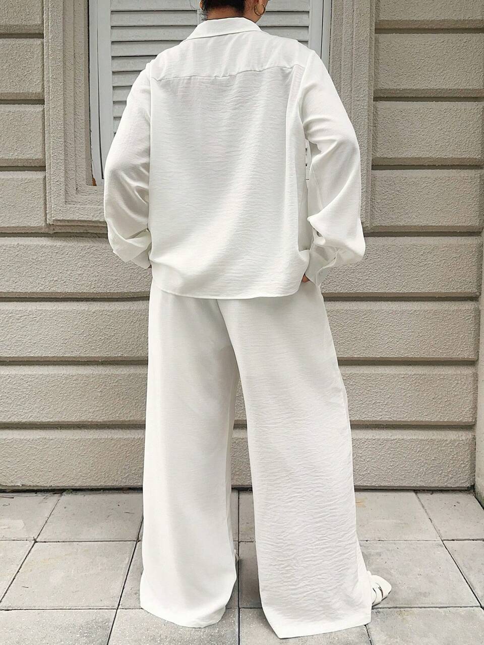 Dazy Plus 2pcs/Set Casual Loose Long Sleeve Shirt Top And Wide Leg Pants, Commuting Outfit For Plus Size Women, Spring/Summer, White