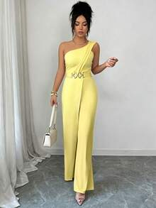 SHEIN Elenzya Bộ áo liền quần nữ màu trơn, kiểu dáng thường ngày, thoải mái. - Màu vàng - Xem 9