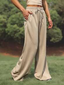 WanderVale Pantalones anchos casuales de cintura con cordón para mujer - Gris - Ver 3