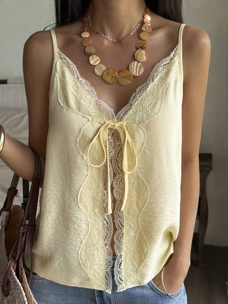 Women's V-Neck Lace Patchwork Loose Fit Yellow Camisole, Spring/Summer