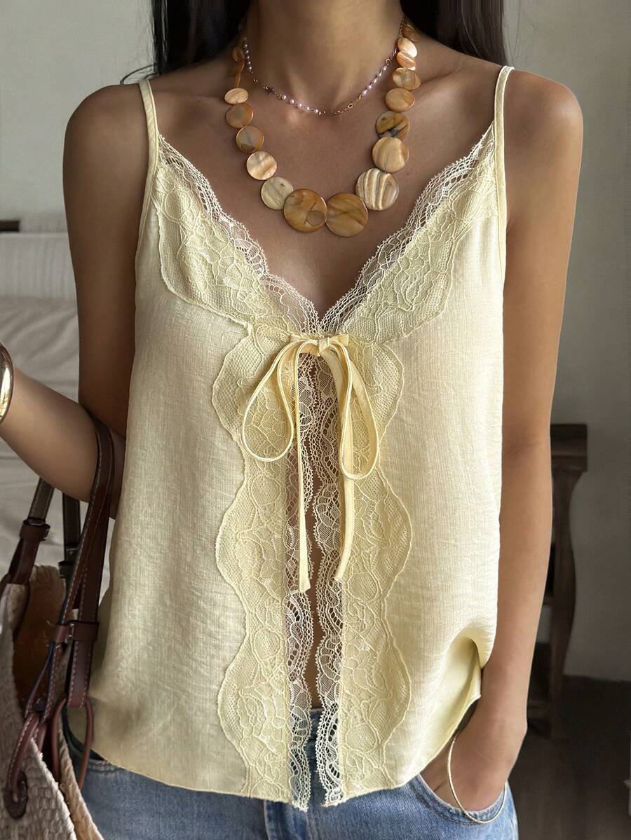 Áo hai dây màu vàng dáng rộng cổ chữ V phối ren dành cho nữ, thích hợp cho mùa xuân/hè. - Màu vàng - Xem 1