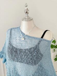 SHEIN EZwear Plus Size Women Casual Ruffled Hem Semi-Sheer Crochet Poncho Sweater, Suitable For Summer Outings And Dates - Blue - View 4