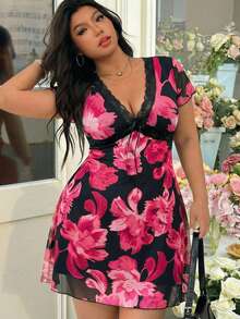 GalTyme Plus Size Women's Spring/Summer Lace Patchwork Floral Print Casual Party Dress - Pink - View 1