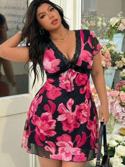 GalTyme Đầm dự tiệc thường ngày phối ren hoa dành cho nữ cỡ lớn mùa xuân/hè.