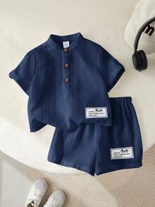SHEIN 2pcs Baby Boy Casual Cute Vacation Style White Short Sleeve Shirt And Shorts Set, Suitable For Spring/Summer - Navy Blue - View 4