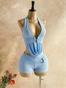 Soleia Women's Solid Color Ring Connected Halter Top And Shorts 2 Pieces Set, Vacation,Vacation Outfits Women - Baby Blue - View 5