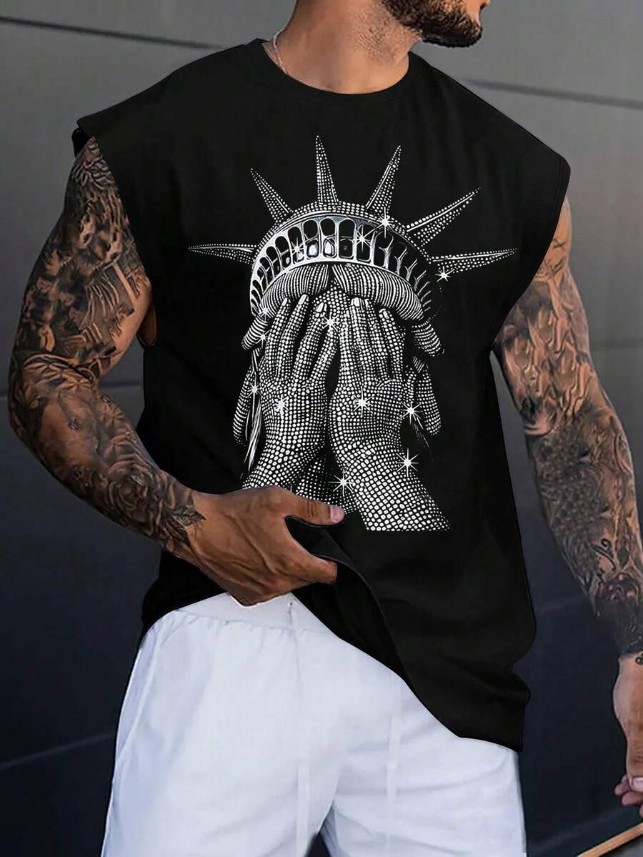 Torvinic Loose Fit Casual Sleeveless Tank Top With Faux Rhinestone Statue Of Liberty Graphic, Street Style - Black - View 1