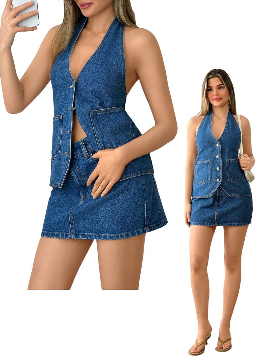 EURMUSE Top & Skirt Two Pieces Denim Set - Medium Wash - View 1