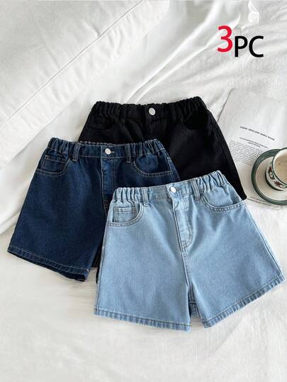 SHEIN Shorts vaqueros informales y sueltos, paquete múltiple, todo a juego, para niñas