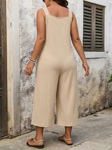 Breezaya Jumpsuit Kasual Ukuran Besar Warna Polos dengan Dua Saku, Cocok untuk Liburan Formal, Warna Khaki, Musim Panas - Khaki - View 2