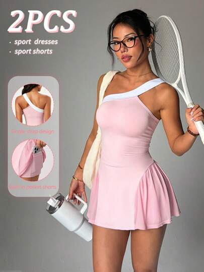 SHEIN Dewbera Women's Sporty Dress, Pink Contrast Color One Shoulder Ruffle Mesh Patchwork With Shorts And Pockets, Fashionable Versatile, Casual, Running, Yoga, Gym, Tennis, Golf