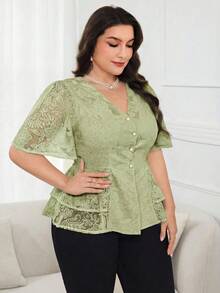 Modelyn Áo sơ mi nữ cỡ lớn cổ chữ V, kiểu dáng thường ngày, đa năng. - màu xanh lá - Xem 5