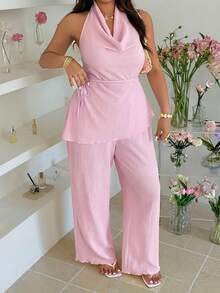 GalTyme Bộ 2 món cỡ lớn màu hồng, áo cổ đổ và quần. - Hồng - Xem 2