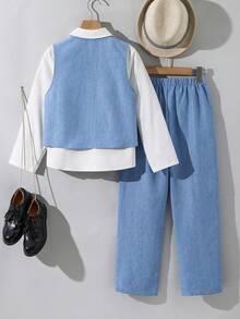 SHEIN 3件套/套 适合青少年/幼儿男孩春夏时尚可爱蓝色背心裤套装，绅士装束，正式场合穿着，适合度假、婚礼、迎婴派对、优雅场合、婚礼宾客、花童、戒指童、复活节等。 - 藍色 - 查看 3