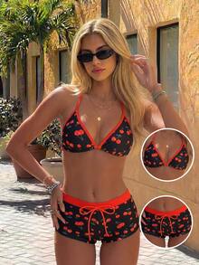 SHEIN Swim Mod Women's New Summer Beach Vacation Style Cute Cherry Print Bikini,Halter-Neck Backless Triangle Cup Top And Beach Shorts, Zestiva Swimsuit, Cherry Print Shorts, Cherry Swimsuit - Multicolor - View 2