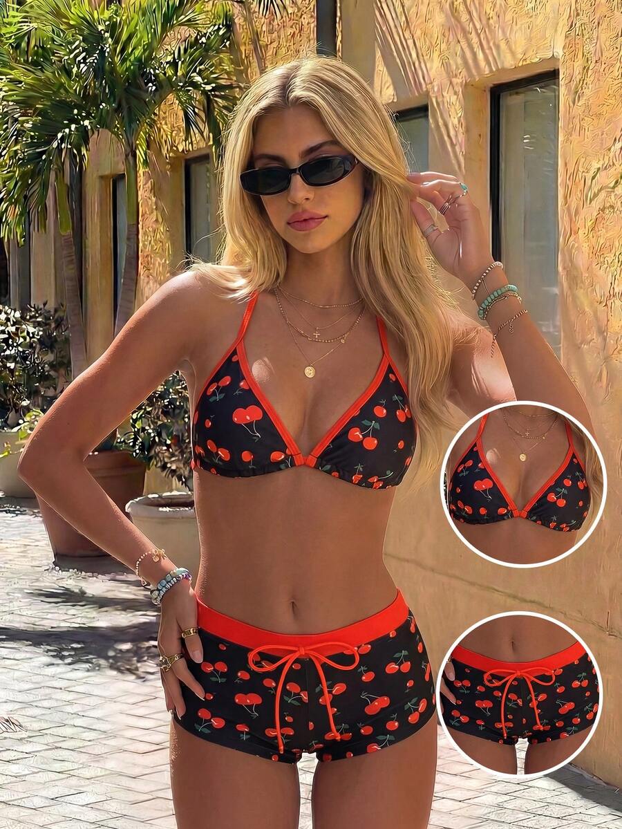 SHEIN Swim Mod Women's New Summer Beach Vacation Style Cute Cherry Print Bikini,Halter-Neck Backless Triangle Cup Top And Beach Shorts, Zestiva Swimsuit, Cherry Print Shorts, Cherry Swimsuit