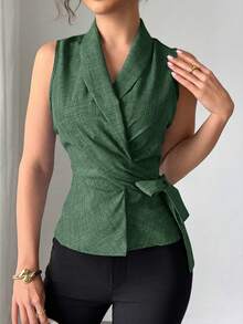SHEIN LUNE Women's Solid Color Shawl Collar Sleeveless Shirt With Side Waist Tie - Dark Green - View 3
