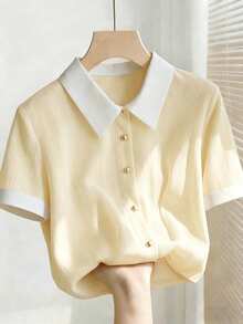 Franclia Áo kiểu nữ cỡ lớn màu hồng thanh lịch mới cho mùa hè, chất liệu chiffon, cổ trắng, dáng rộng, tay ngắn. Thích hợp cho mùa hè, lễ hội và các dịp nghỉ lễ. Đặc điểm nổi bật: cúc kim loại trang trí, kiểu dáng đa năng, cổ áo tương phản, dáng rộng, tay ngắn và vải xếp ly. Trang phục mùa tốt nghiệp, trang phục công sở thời trang, trang phục thường ngày năng động, trang phục chuyên nghiệp thành thị. - Màu be - Xem 1