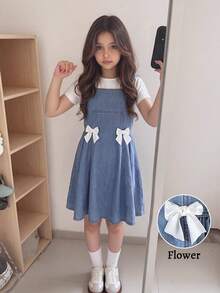 SHEIN Girls' Stylish Denim Suspender Dress, Soft Washed Denim Princess Dress, Summer New Design - Blue - View 1
