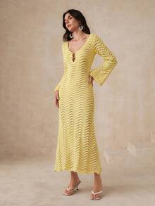 Anewsta Solid Color Sexy Hollow Wave Flare Sleeve Beach Dress - Pale Yellow - View 4