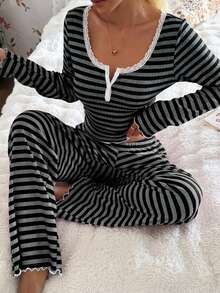 SHEIN Lace Trim Square Collar Striped Print Long Sleeve Pajama Set - Multicolor - View 7