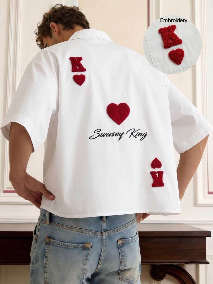 Manfinity Unisex Camisa casual de manga corta con bordado de letra para hombres, de solapa sencilla - Blanco - Ver 1