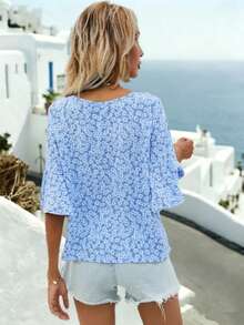 Breezaya 度假休闲碎花印花喇叭袖衬衫 - 藍色 - 查看 2
