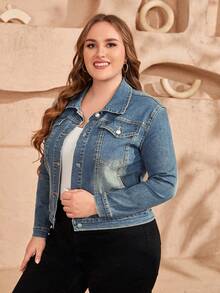 Plus Size Women's Casual Daily Commute Versatile Flap Pocket Denim Jacket, Spring/Autumn - Blue - View 3
