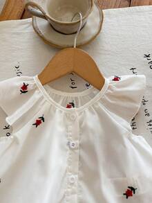 SHEIN LMoss Kids 新生女婴花卉刺绣图案短袖上衣和短裤套装，夏季 - 紅色 - 查看 4
