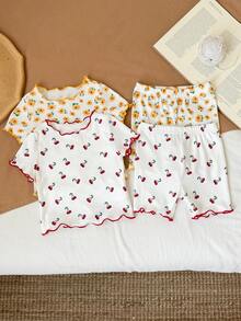 SHEIN LMoss Kids Dozemod 女嬰 4 件組可愛圖案荷葉邊圓領短袖短褲休閒舒適睡衣套裝，夏季 - 黃色 - 查看 5