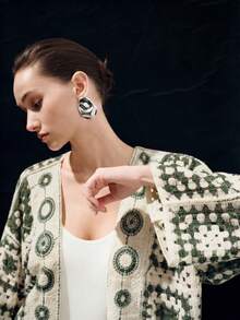 SHEIN Áo khoác cardigan dáng rộng tay cánh dơi khoét rỗng dành cho nữ - Màu xanh lá cây đậm - Xem 6