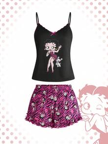 Betty Boop | ROMWE IP Collaboration Shibuya Gyaru Graphic Camisole & Shorts Casual Pajama Set - Black - View 1