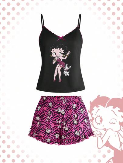 Betty Boop | ROMWE IP联名涩谷辣妹图案吊带背心和短裤休闲睡衣套装