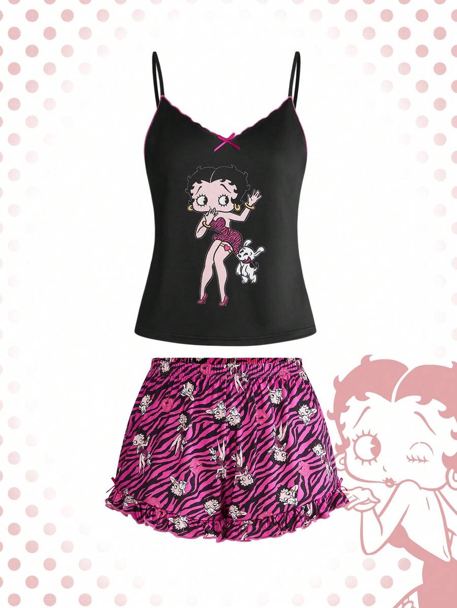 Betty Boop | ROMWE IP Collaboration Shibuya Gyaru Graphic Camisole & Shorts Casual Pajama Set - Black - View 1