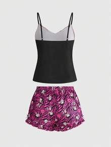 Betty Boop | ROMWE IP Collaboration Shibuya Gyaru Graphic Camisole & Shorts Casual Pajama Set - Black - View 2