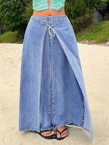 Sunnyshic Jeans de tiro alto, sueltos, de nuevo estilo, con parches y lazo - Azul - Ver 3