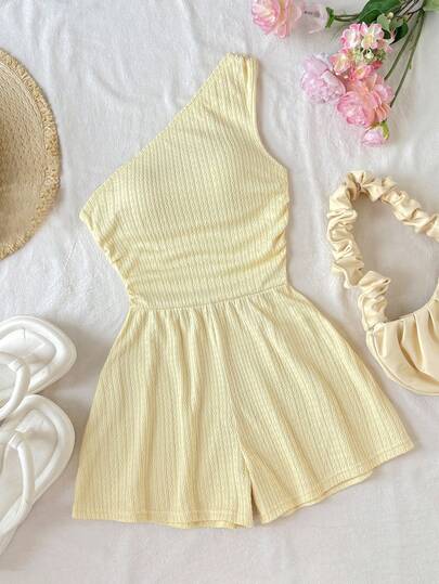 SHEIN Tween Girls Casual Everyday Comfortable Asymmetric Shoulder Textured Pleated Jumpsuit In Light Yellow