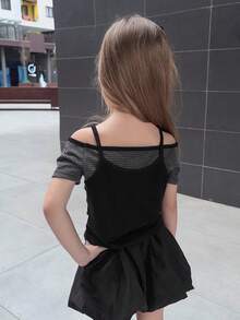 DAZY Áo hai dây tay ngắn kẻ sọc trễ vai 2 trong 1 cho bé gái - màu đen - Xem 6
