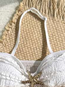 Bộ đồ bơi tankini cổ yếm màu mơ, chất liệu dệt kim họa tiết sao biển, dành cho bé gái tuổi teen, thích hợp cho kỳ nghỉ biển. - trắng - Xem 3