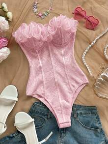 Soleia Ruffled Strapless Bodysuit For Women, Suitable For Vacation, Holiday, Party, Afternoon Tea, Music Festival, Beach, Summer Outfit, Boho, Crochet, Linen - Baby Pink - View 1