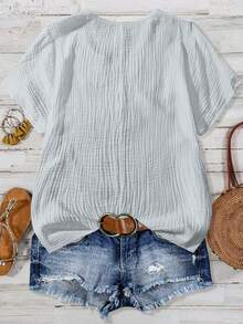 SHEIN LUNE Plus Size Women's Solid Color Contrast Lace Short Sleeve Casual Shirt - Grey - View 2