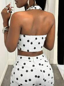 SHEIN Slayr Women's Polka Dot Denim Sexy Halter Top - Black and White - View 2