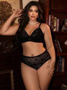 Divavoom 2 piezas Conjunto de sujetador y ropa interior de encaje con aros para mujer de talla grande - Negro - Ver 4